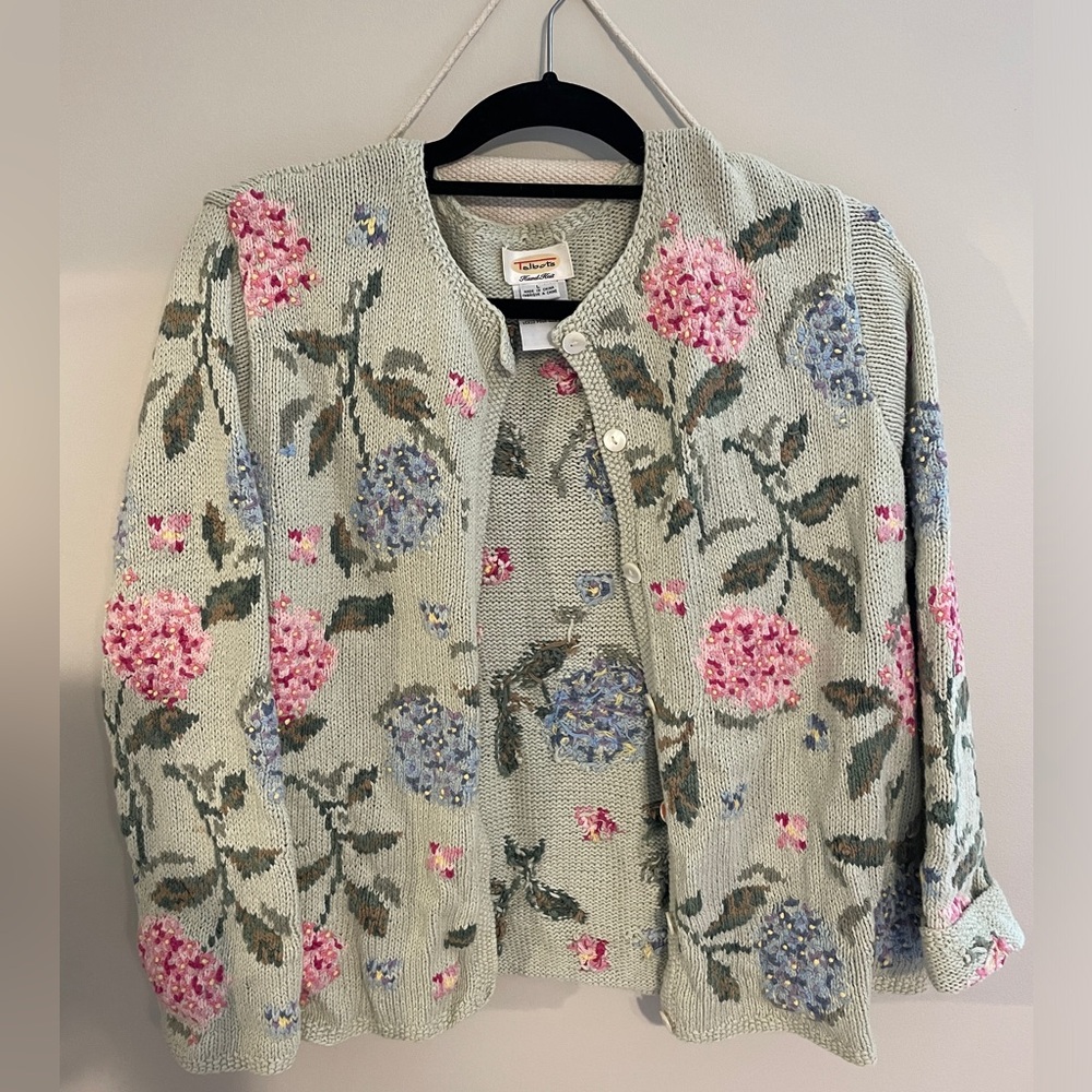 Vintage Talbots Hand Knit Hydrangea Cardigan Sage Green